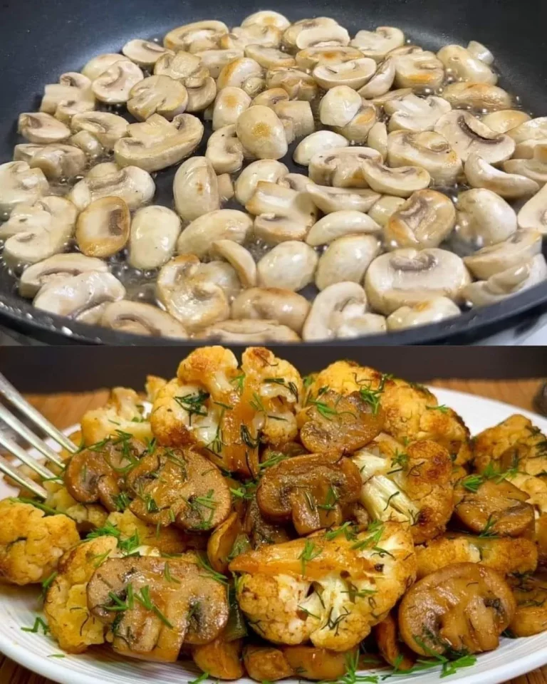 Gebakken bloemkool en champignons op een bord, een smakelijk recept.