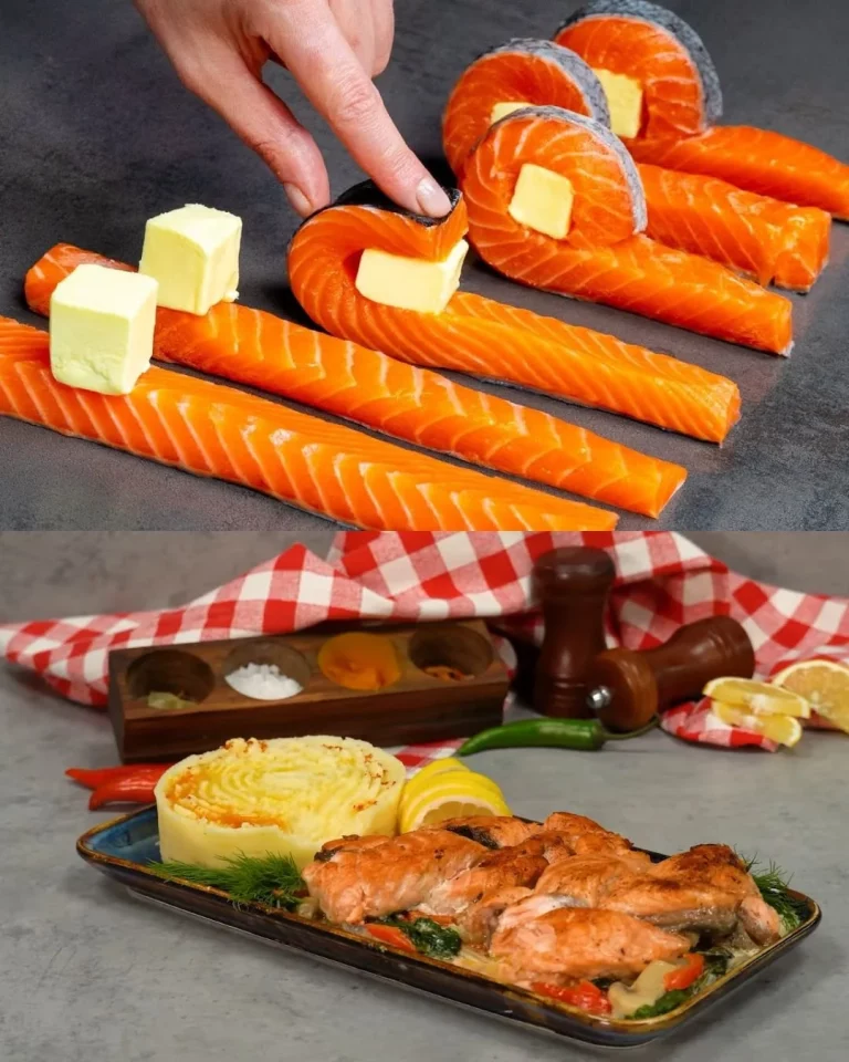 Gebakken zalm met spinazie en champignon saus, geserveerd met romige aardappelpuree.