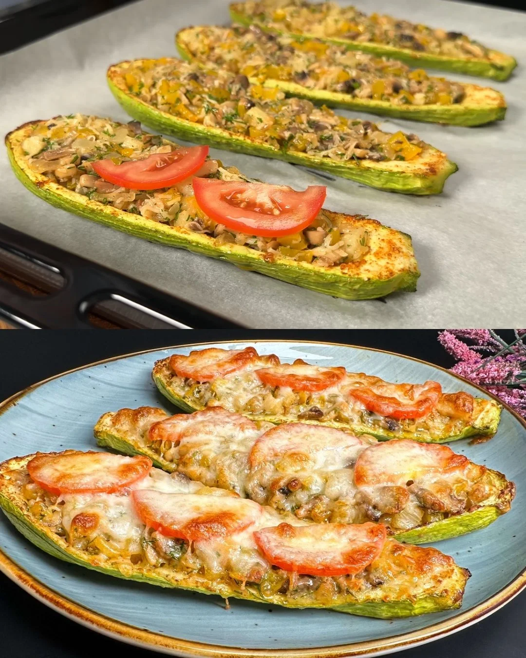 Gegratineerde zucchini boten met kaas en kruiden, een gezonde maaltijdoptie.