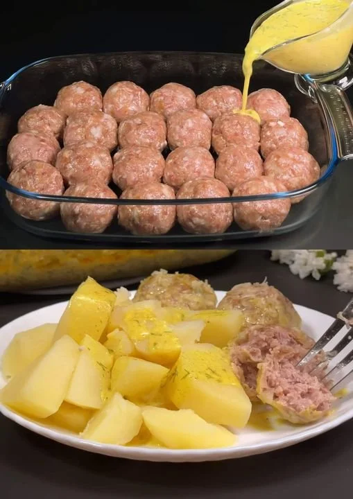 Gehaktballen met roomdille saus en aardappelen op een bord