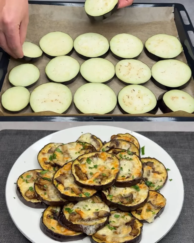 Gehakte aubergine- en champignonringen met kaas op een bord