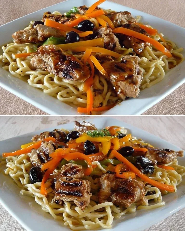 Gekarameliseerde kip geserveerd met Chinese noedels op een bord.