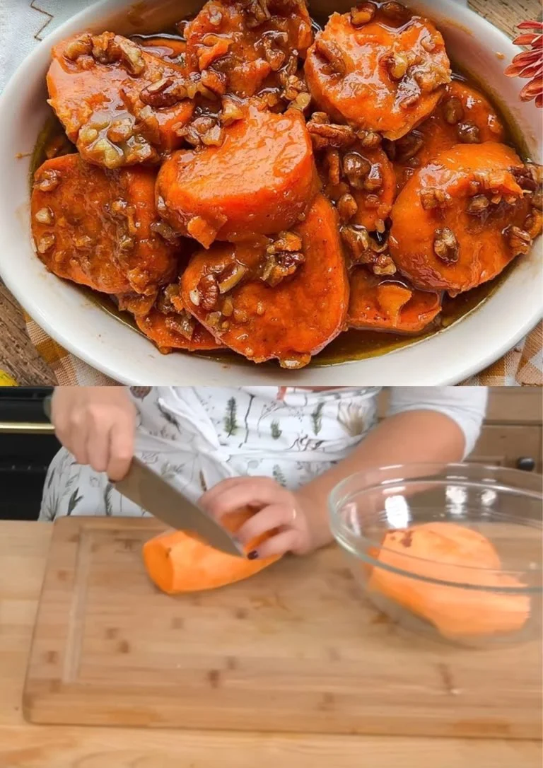 Gekarameliseerde zoete aardappelen met sinaasappel op een bord