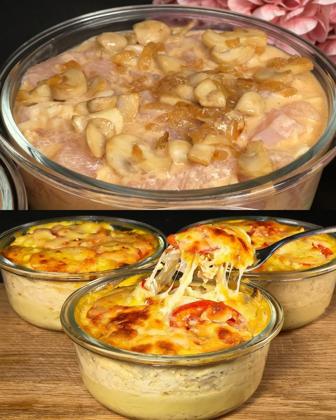 Gelaagde kip ovenschotel met aardappelen, champignons, kaas en tomaat uit de oven