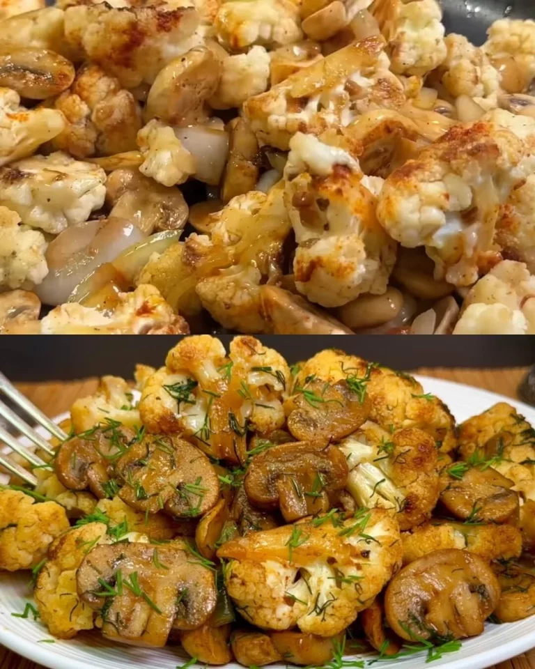 Geroerbakte bloemkool en champignons met knoflook, ui en dille op een bord.