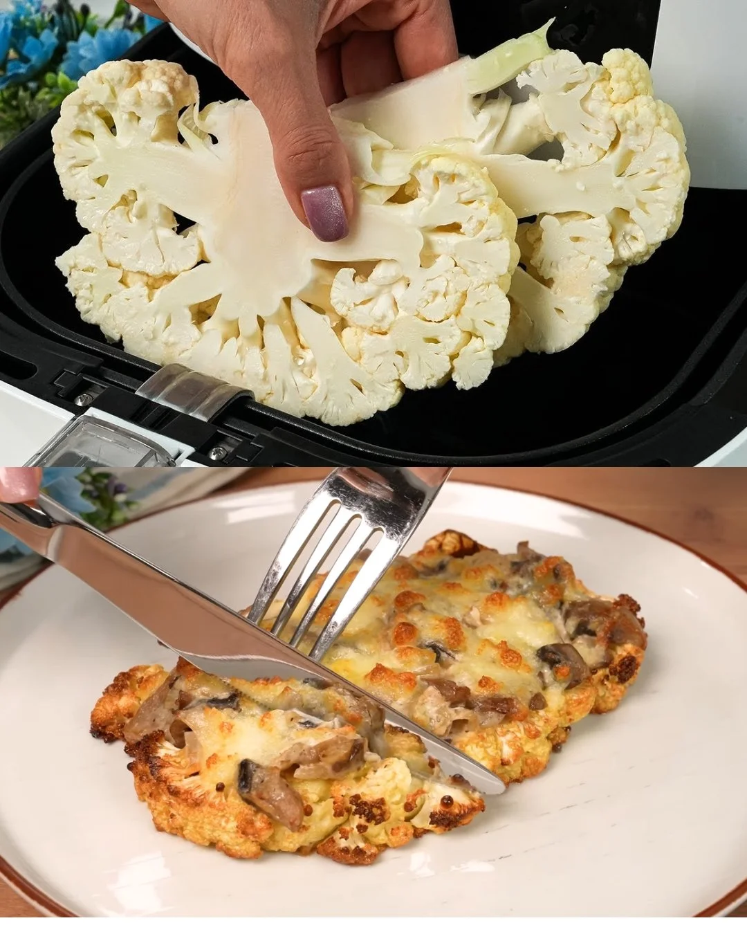 Geroosterde bloemkool steaks met romige champignonvulling en gesmolten mozzarella