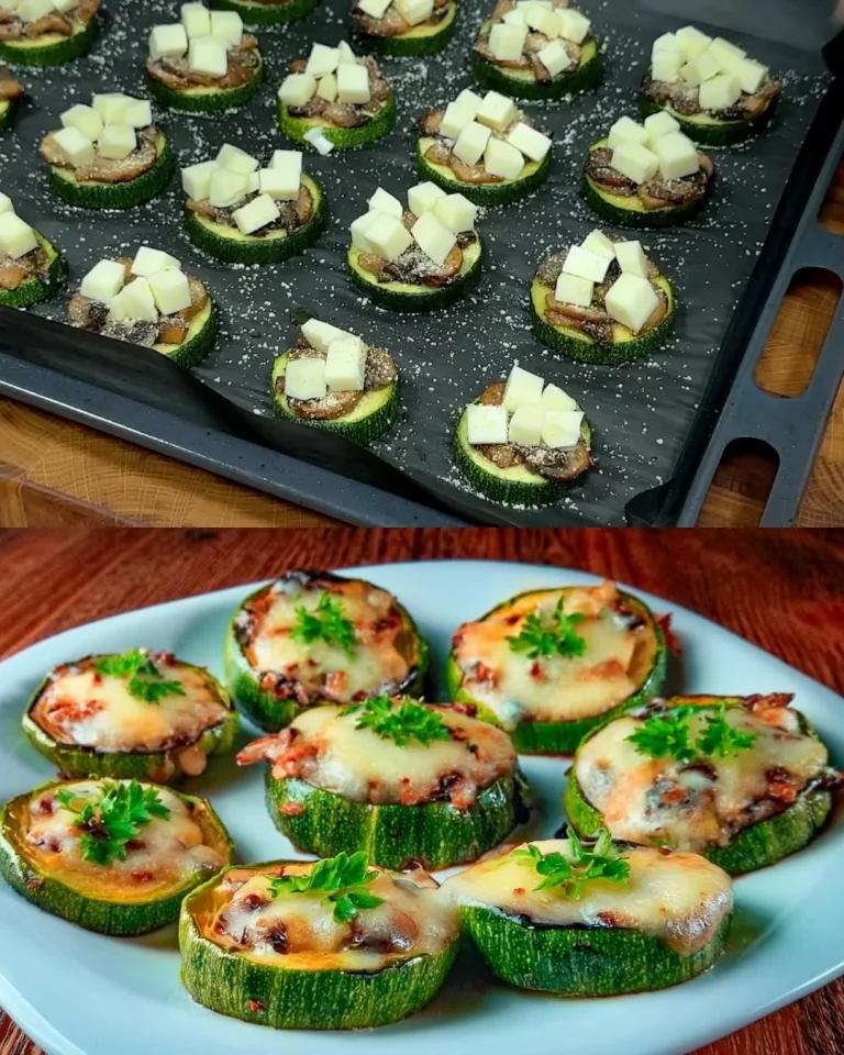 Geroosterde courgette met champignons en mozzarella op een bord.