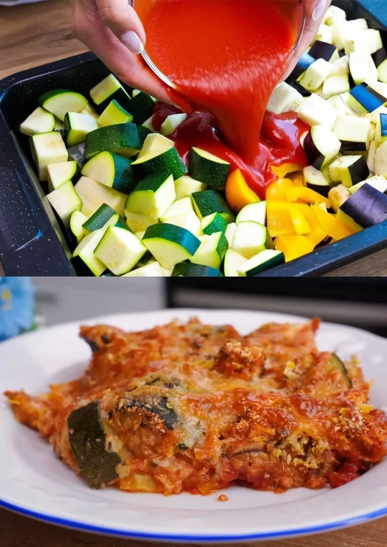 Geroosterde groenten met tomatensaus en mozzarella op een serveerschaal