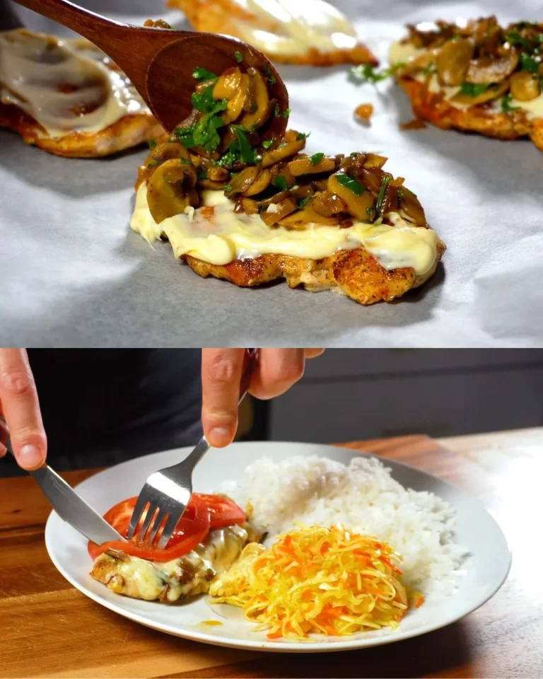 Geroosterde kip met champignons, tomaat en mozzarella op een bord