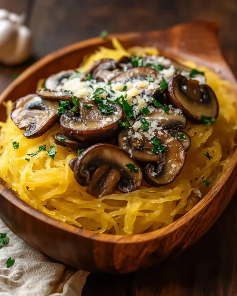 Geroosterde spaghetti squash met champignons op een bord