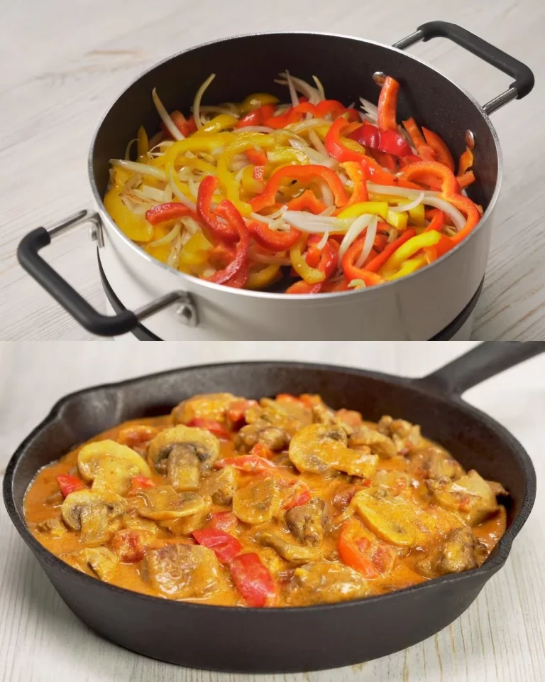 Gestoofd kalkoen met champignons en paprika in romige tomatensaus