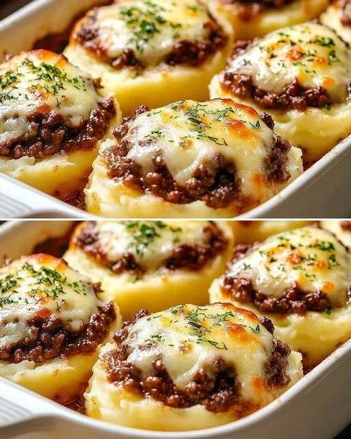 Gevulde aardappel nesten met gemalen rundvlees topping, een smakelijk gerecht.