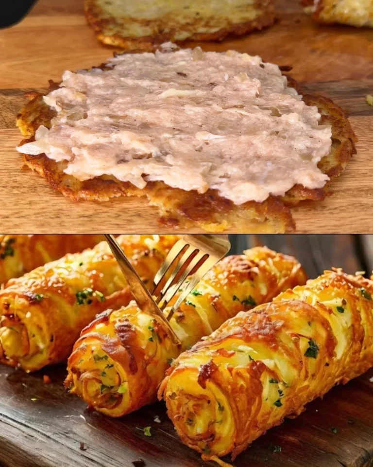 Gevulde aardappelrollen met kipgehakt in romige champignonsaus