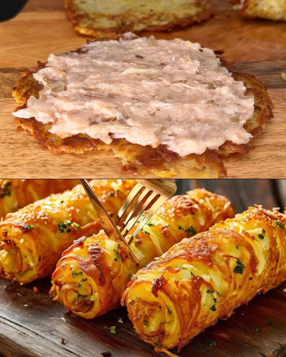 Gevulde aardappelrollen met kipgehakt in romige champignonsaus