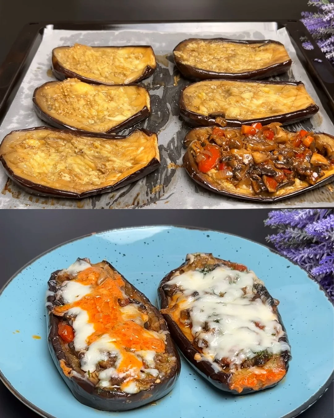Gevulde aubergine met champignon en tomatenroomsaus op een bord