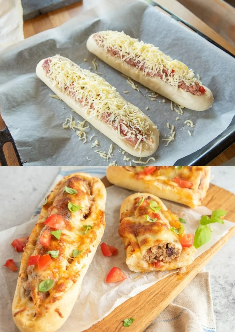 Gevulde baguette met Italiaanse gehakt, geserveerd op een houten snijplank.