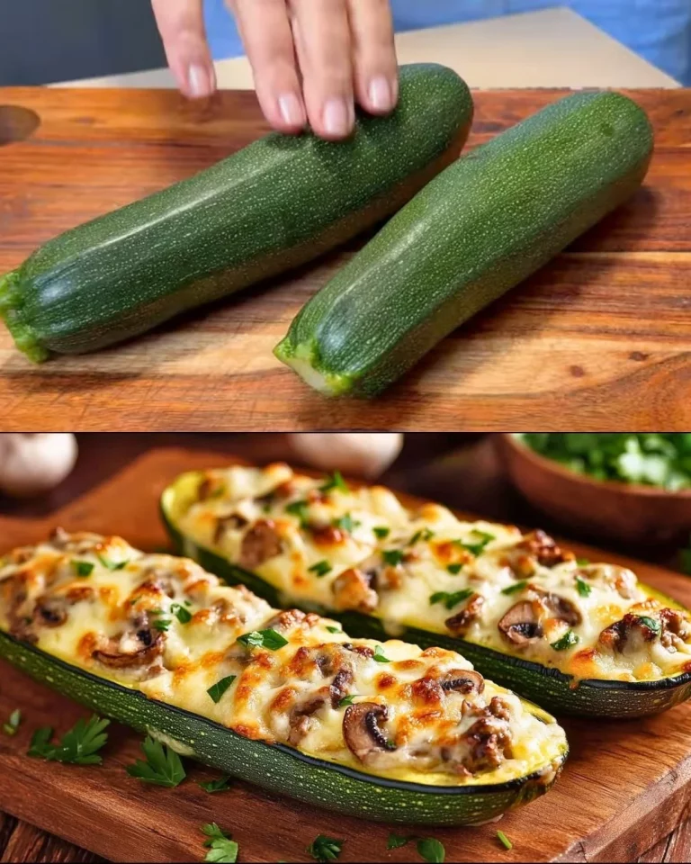 Gevulde courgette-boten met vlees en champignonvulling op een bord