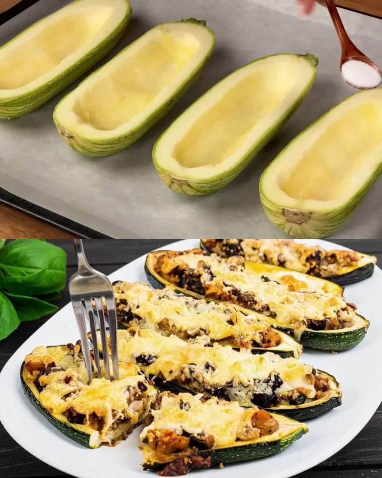 Gevulde courgette met ananas, champignons en kaas op een mooi bord.