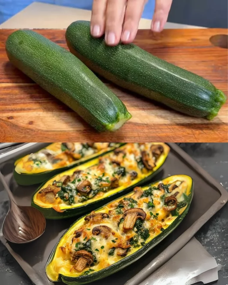 Gevulde courgetteboten met ricotta en champignons op een bord