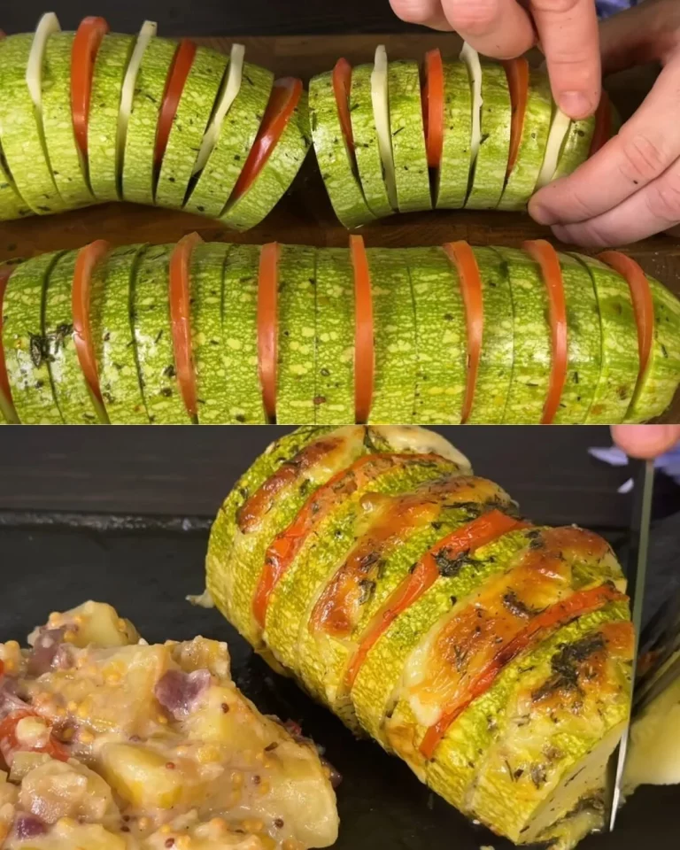 Gevulde courgetteboten met romige knoflookchampignonsaus en gesmolten mozzarella.