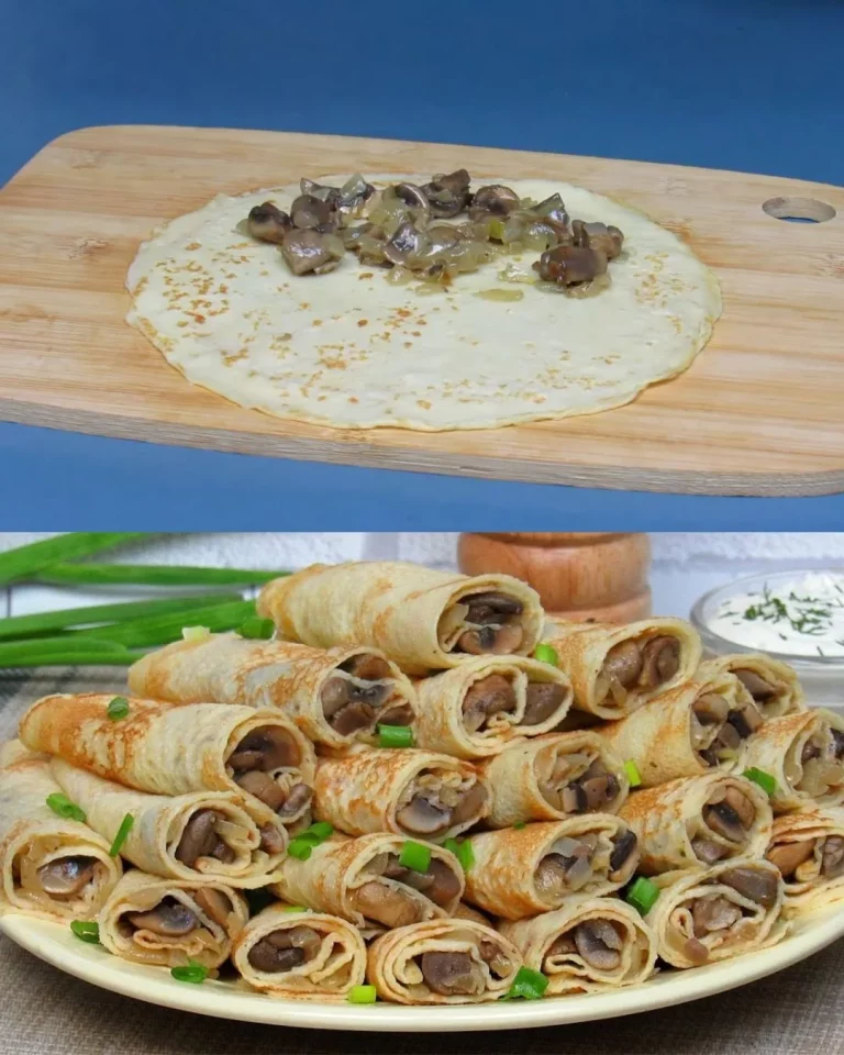 Gevulde crepes met champignons en kruiden op een bord