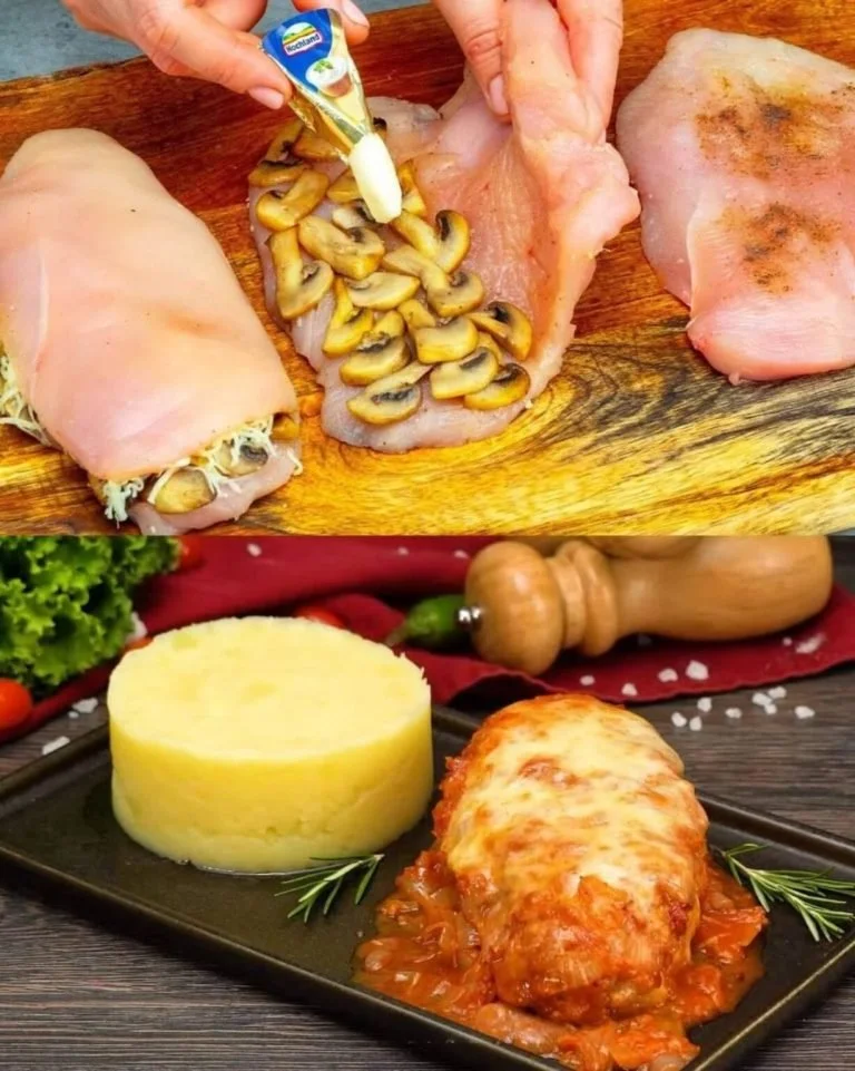 Gevulde kip met tomatensaus op een bord, garnished met kruiden.