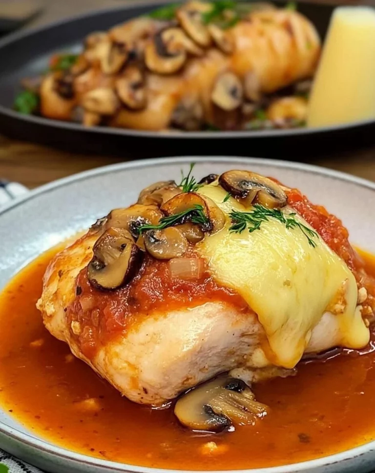 Gevulde kipfilet met champignon en kaasvulling in tomatensaus