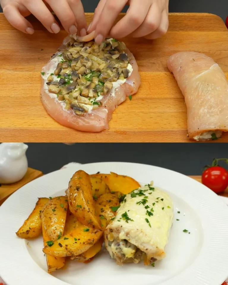 Gevulde kipfilets geserveerd met knapperige aardappelpartjes