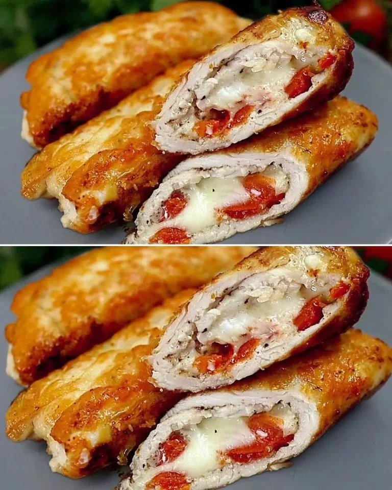 Gevulde kippenborst met mozzarella en zongedroogde tomaten op een bord.