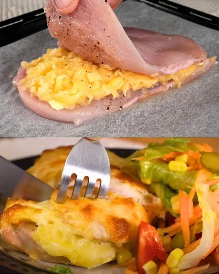 Gevulde kippenfilet met aardappel-kaasvulling op een bord