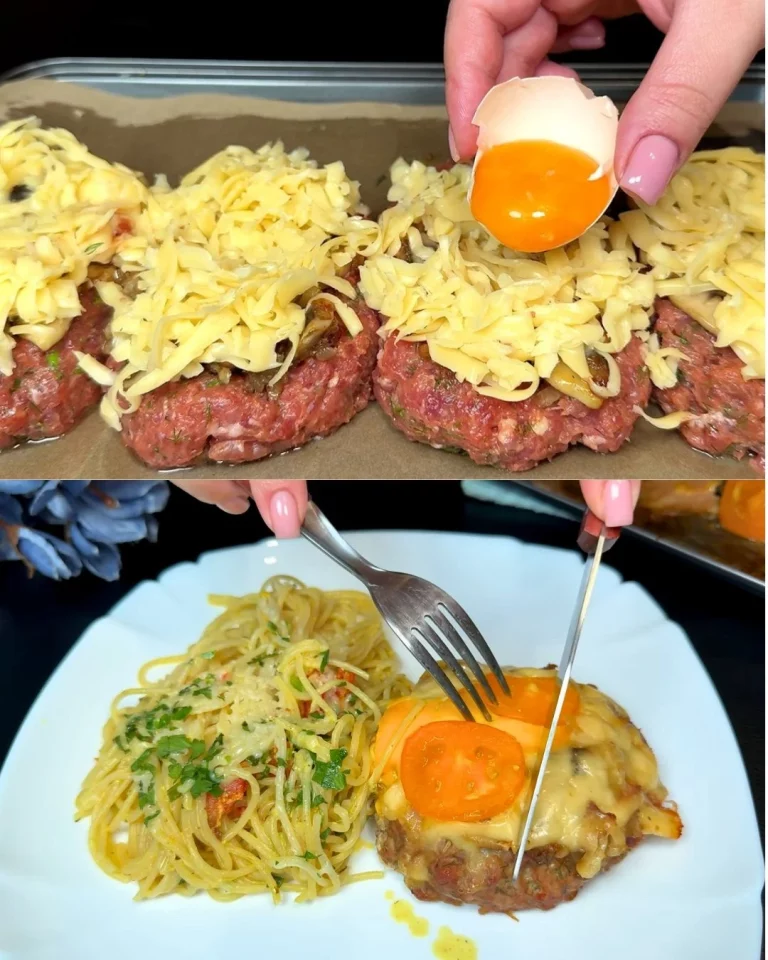 Gevulde rundvlees geserveerd met romige noodles op een bord.
