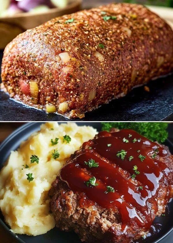 Gevulde vleesbrood geserveerd met romige aardappelpuree op een bord.