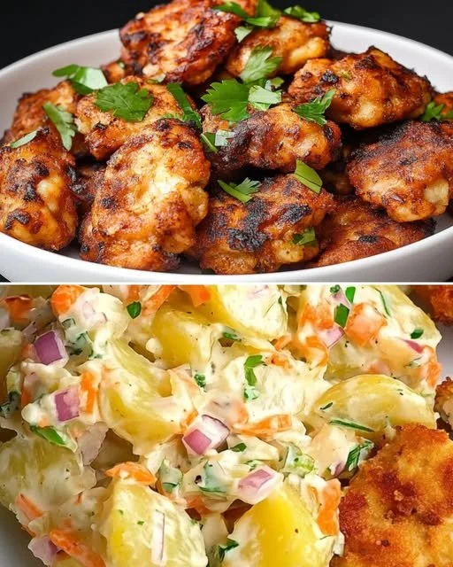 Gouden kip cutlets met romige aardappelsalade en aardappelen