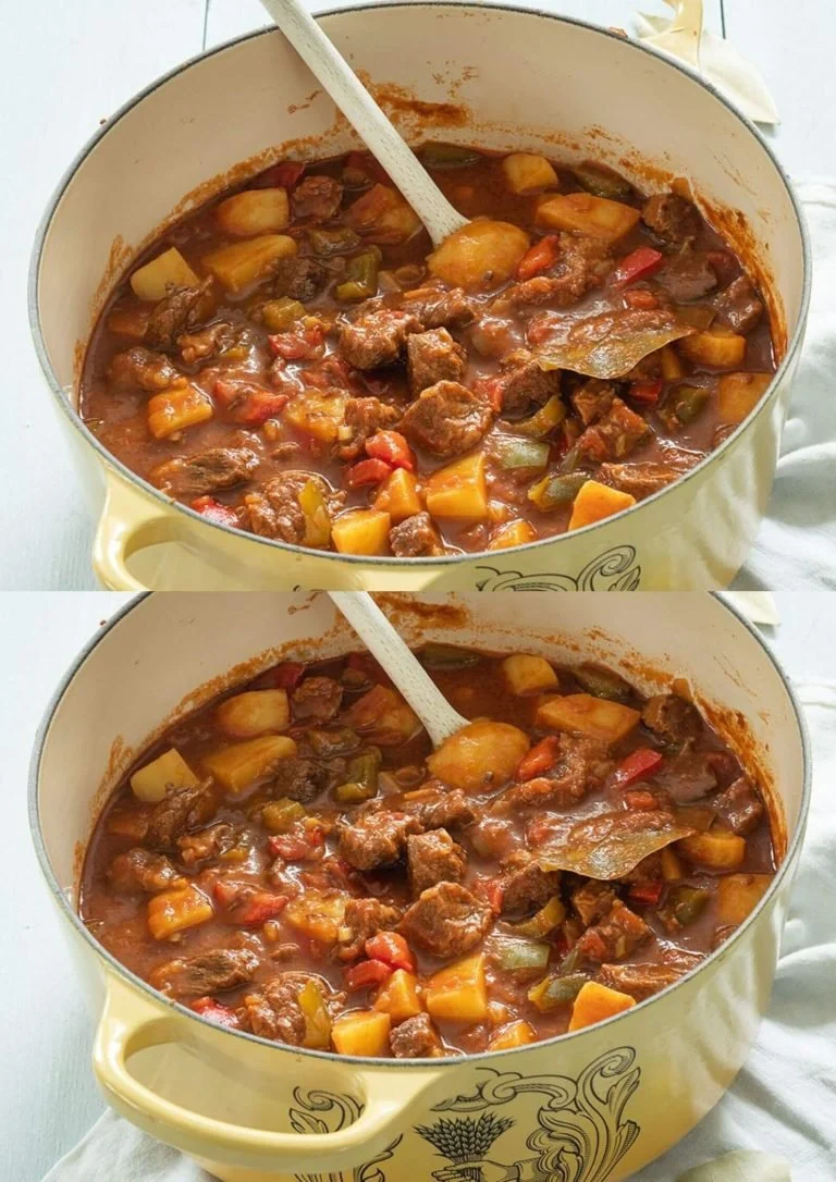 Een bord goulash met vlees en groenten in een rijke saus