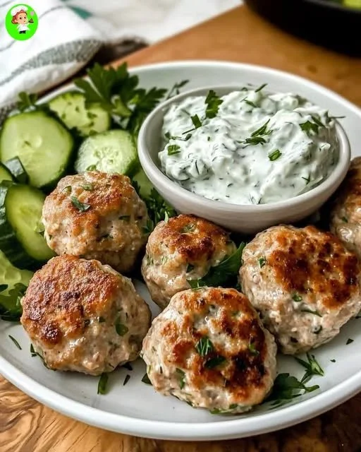 Griekse kipgehaktballetjes met tzatziki op een bord