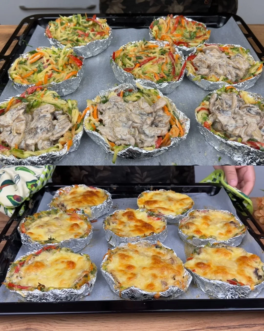Groente- en champignon aardappelnesten met romige kaasvulling