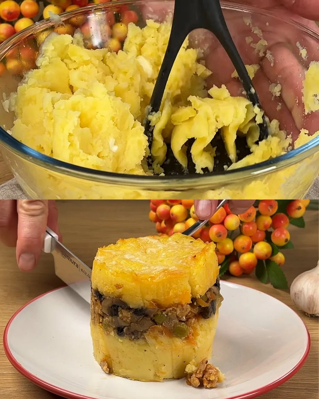 Hartige aardappelgratin met rundvlees en champignons in een ovenschaal.