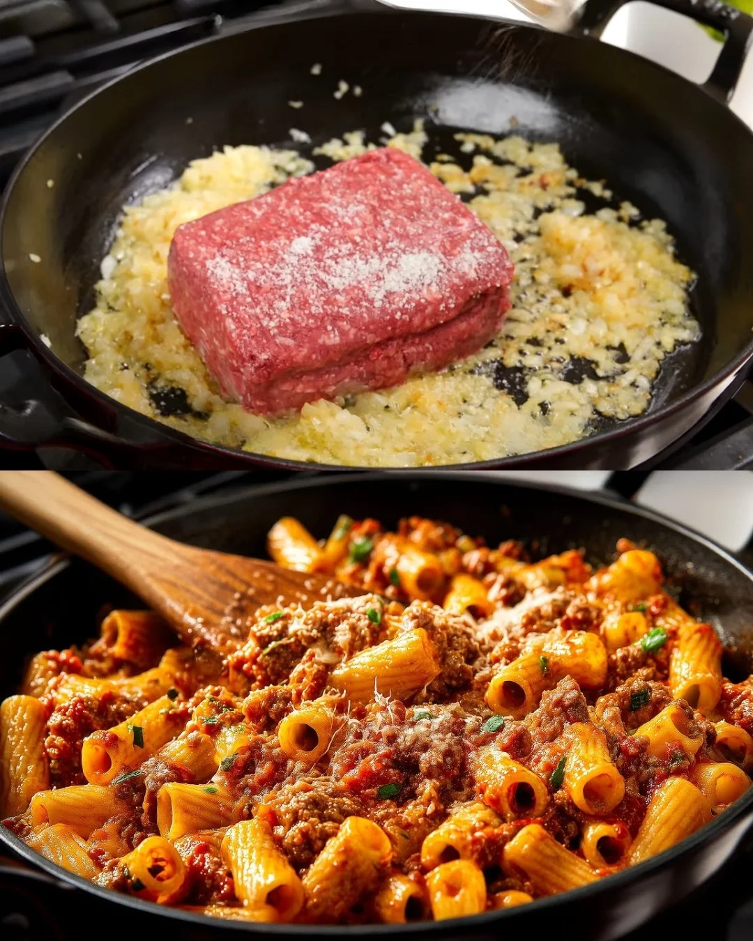 Hartige champignon en rundvlees penne pasta geserveerd in een kom.