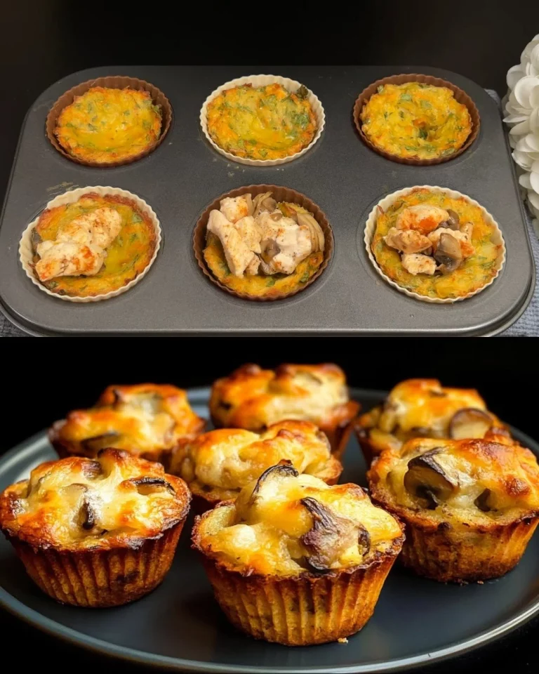 Hartige kip en champignonmuffins met smeltende mozzarella, perfect als snack.