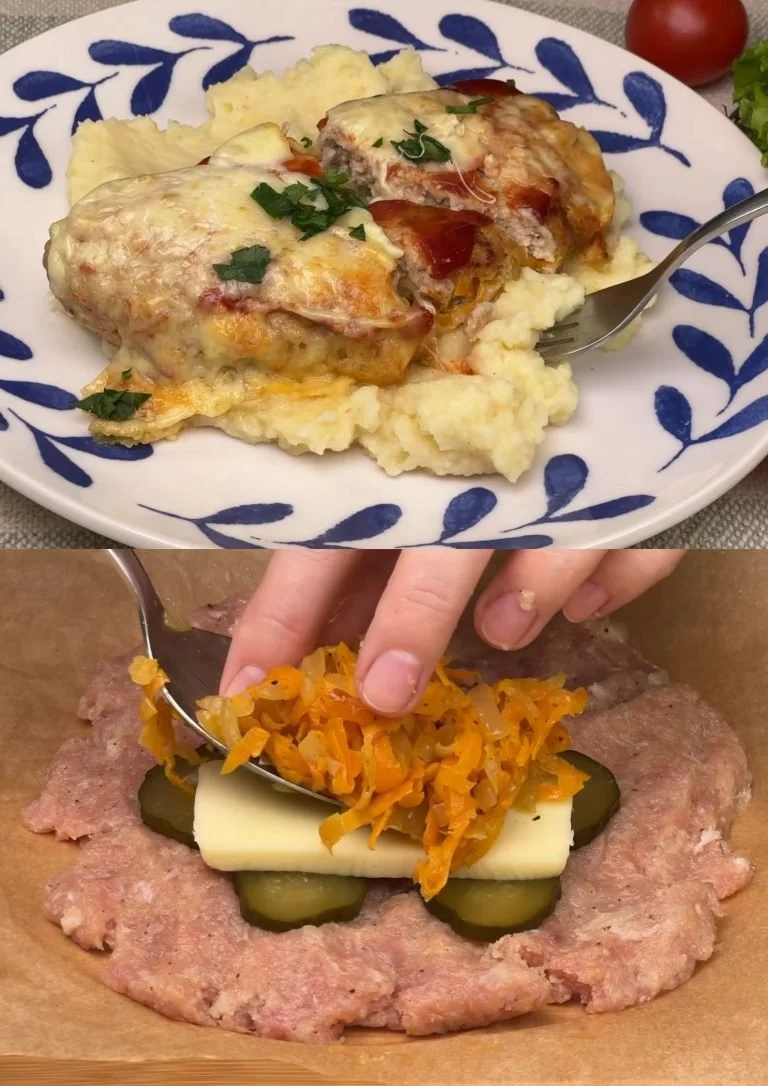 Gelaagde aardappelschotel met gehakt, klaar om te serveren.