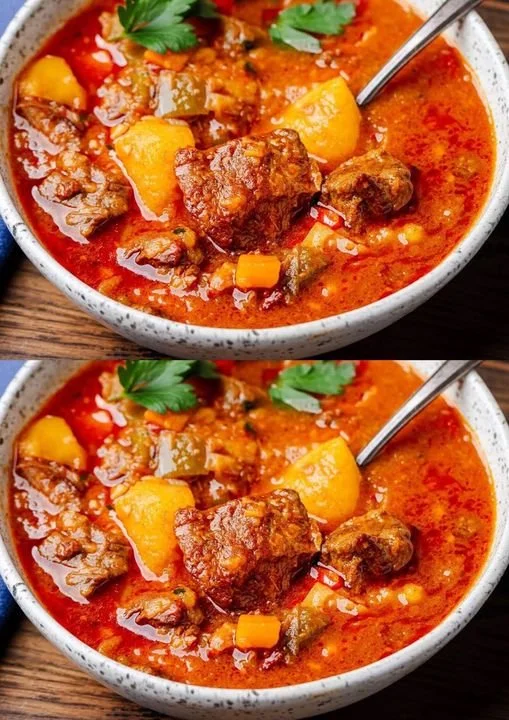 Heerlijke Hongaarse Goulash met paprika en vlees in een rustieke schotel