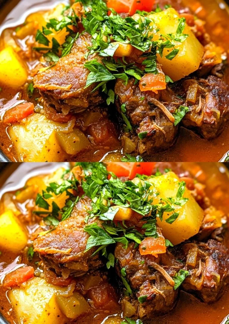 Instant Pot oxtail soep met groenten en kruiden, geserveerd in een kom.