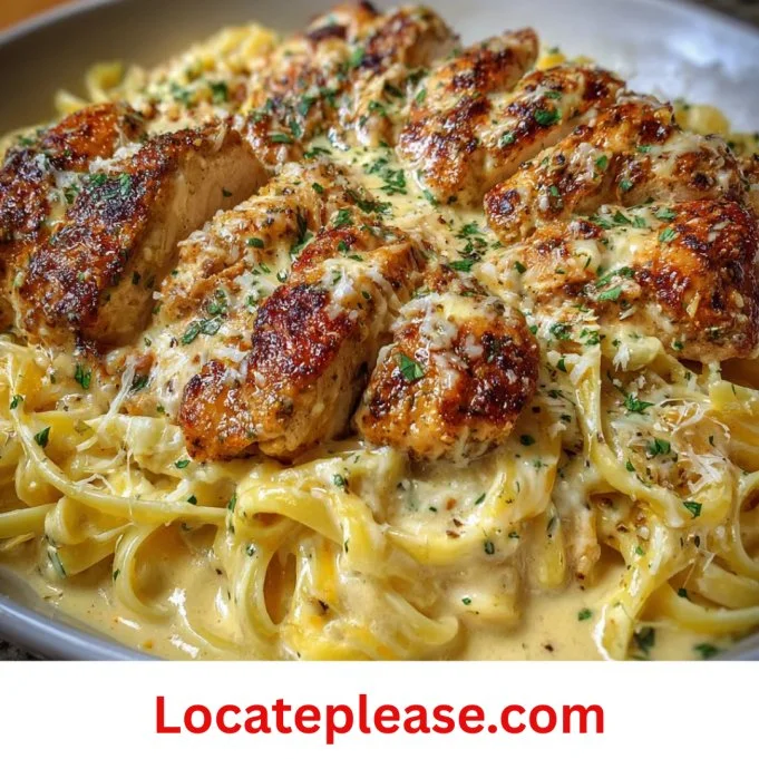 Een bord Cajun Alfredo Pasta met kip, rijk aan romige saus en specerijen.