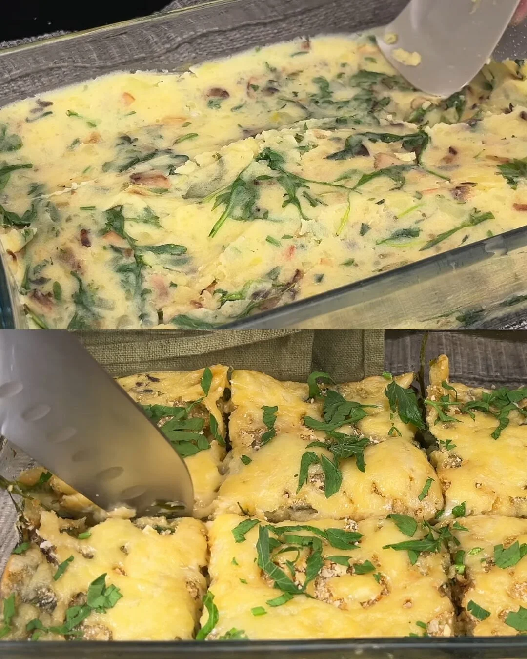 Kaasachtige champignon- en aardappelgratin met verse herbsalade op een bord