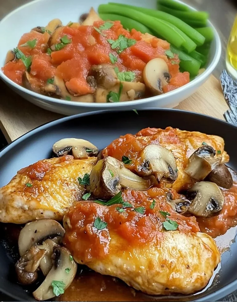 Kaasachtige Kip met Champignons en Romige Tomatensaus op een bord