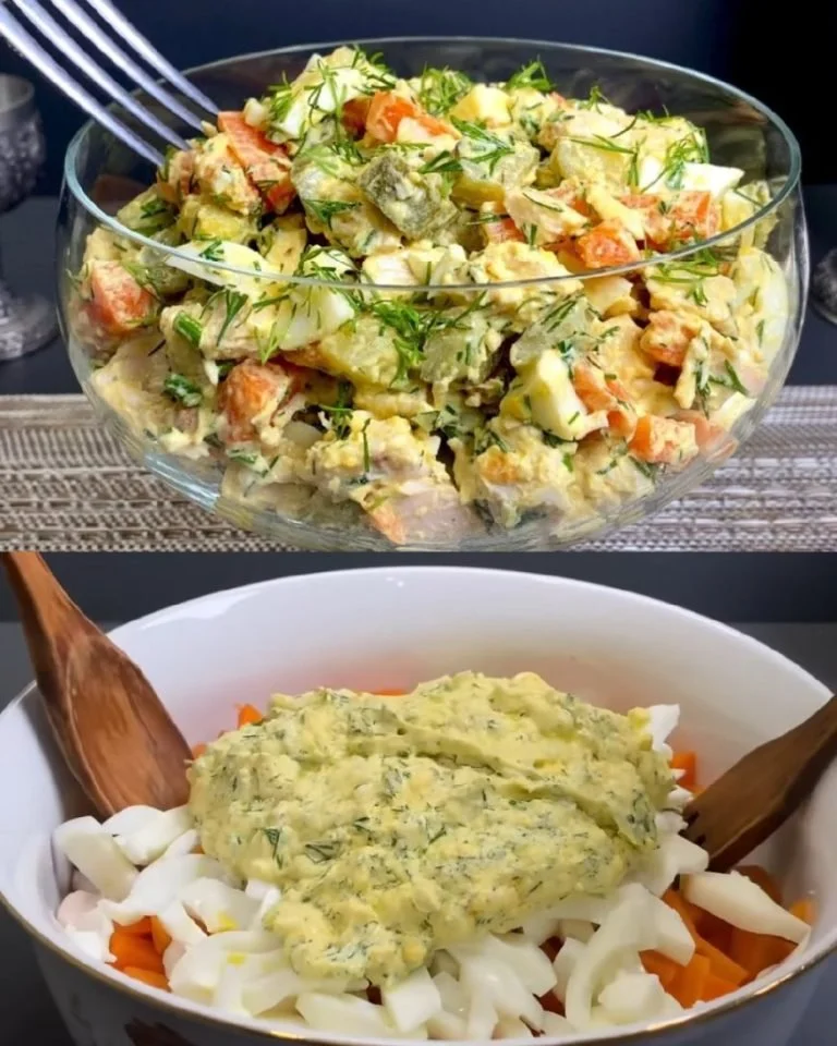 Kip en augurkensalade geserveerd op een mooi bord