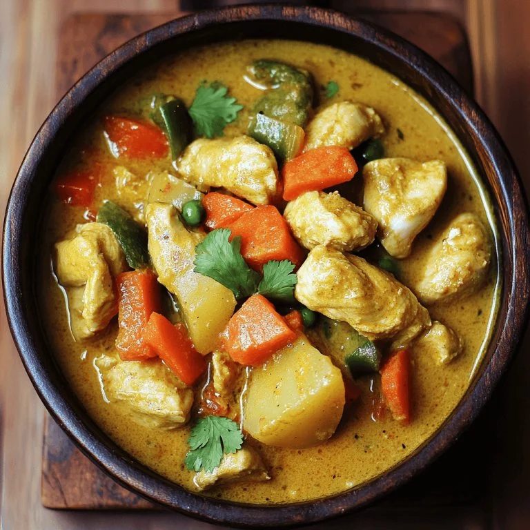 Kip en groentecurry met verse groenten en kruiden op een bord
