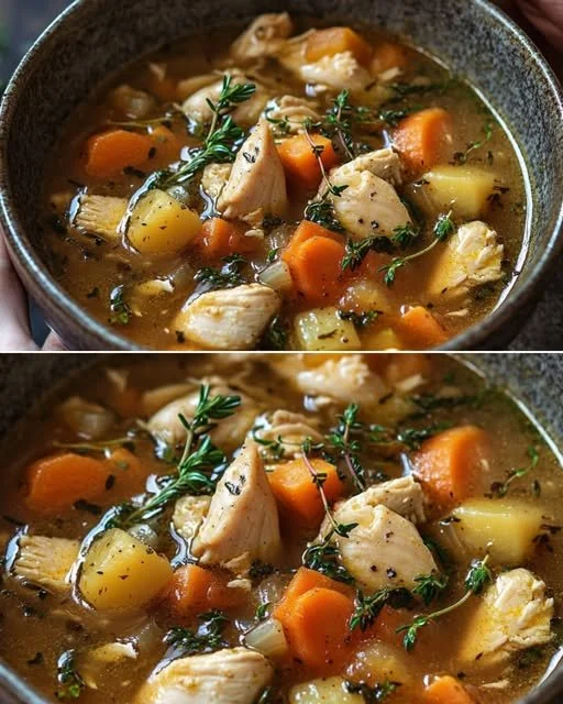 Heerlijke kip en groentestoofpot geserveerd in een pan