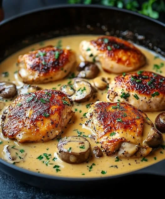 Kip in Dijon mosterdsaus met kruiden en groenten geserveerd op een bord