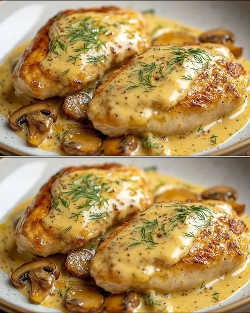 Kip met champignon saus geserveerd met aardappelpuree